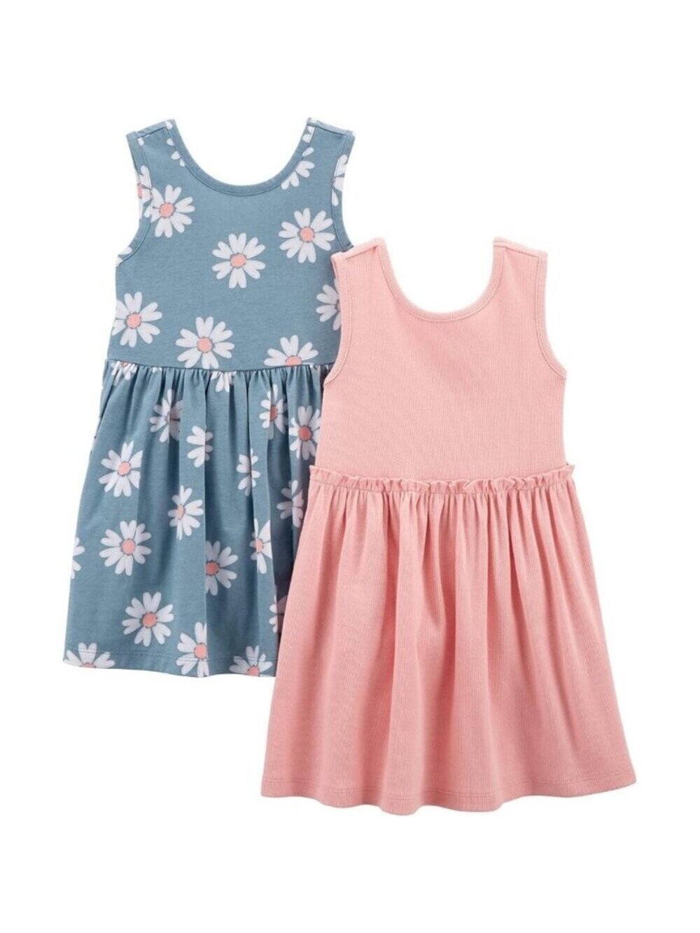 🆕Toddler Girls  Dusty Blue Floral/Pink Cotton Short-Sleeve Dress Set Pack of 2